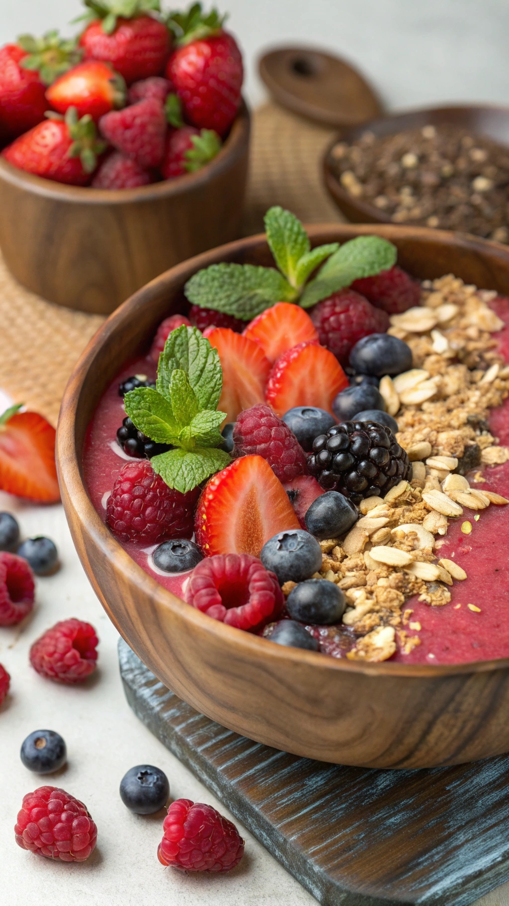 A colorful mixed berry smoothie bowl topped with granola and fresh mint.