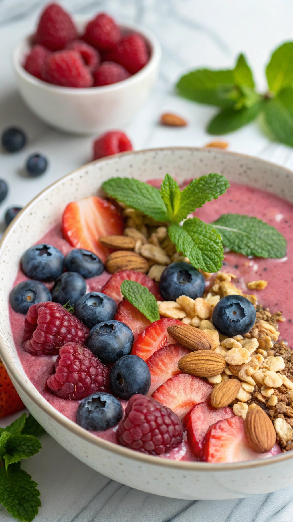 A colorful berry smoothie bowl topped with fresh berries, granola, and mint leaves.