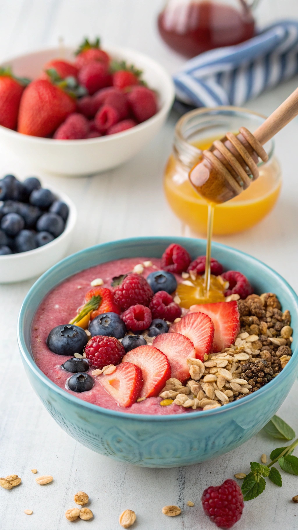 A colorful Berry Blast Smoothie Bowl topped with fresh berries, granola, and honey.