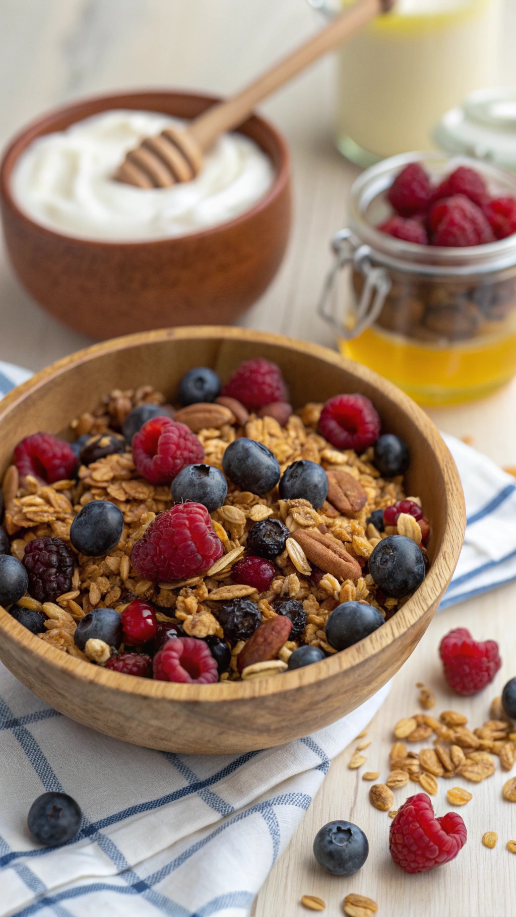 A bowl of granola topped with fresh berries, surrounded by yogurt and honey.