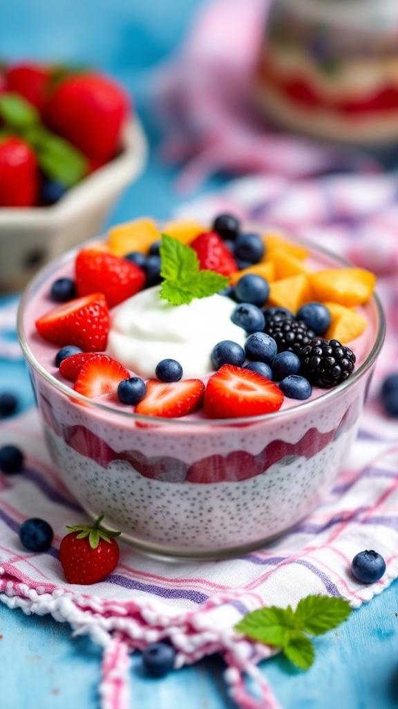 A bowl of berry chia seed pudding topped with fresh strawberries, blueberries, and blackberries, garnished with mint leaves.