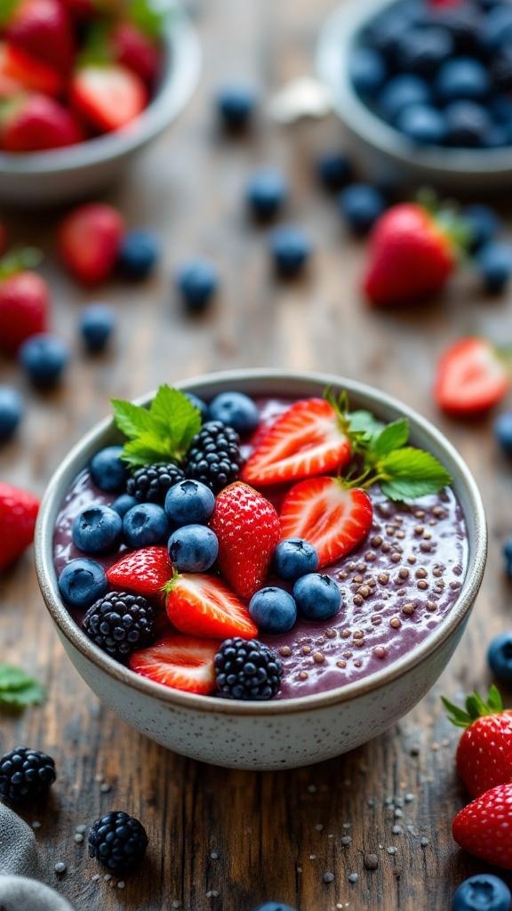 A bowl of chia seed pudding topped with fresh strawberries, blueberries, and blackberries on a wooden table.