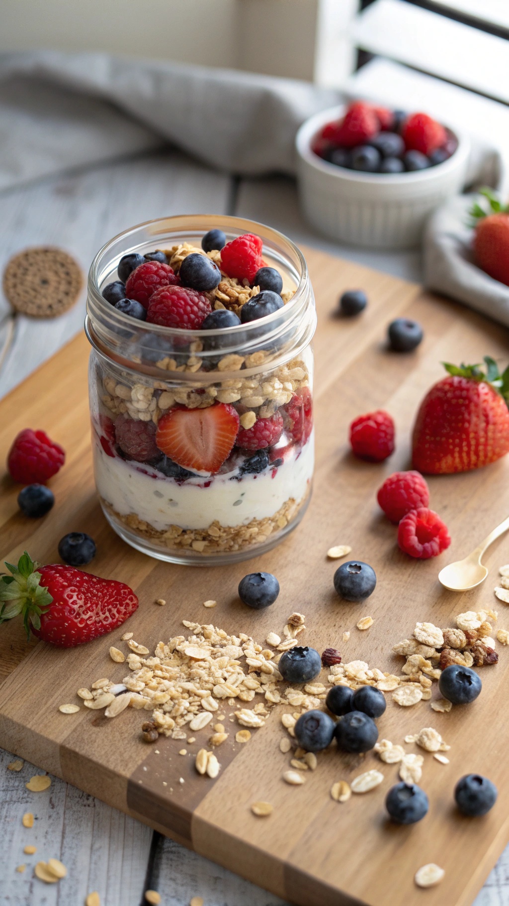 A jar filled with layers of yogurt, granola, and fresh berries on a wooden surface.