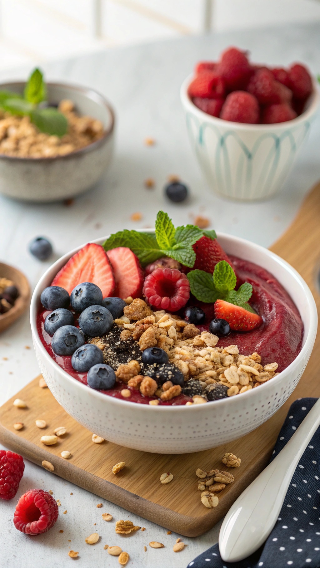 A colorful Mixed Berry Acai Bowl topped with fresh berries, granola, and mint leaves.