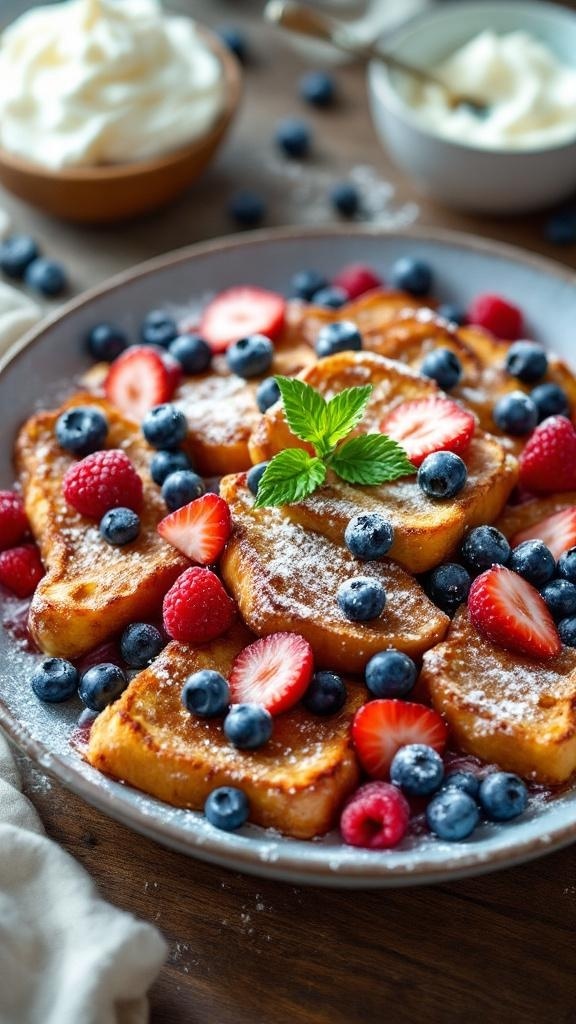 A delicious Berry Bliss Overnight French Toast Casserole topped with fresh strawberries, blueberries, and mint leaves.