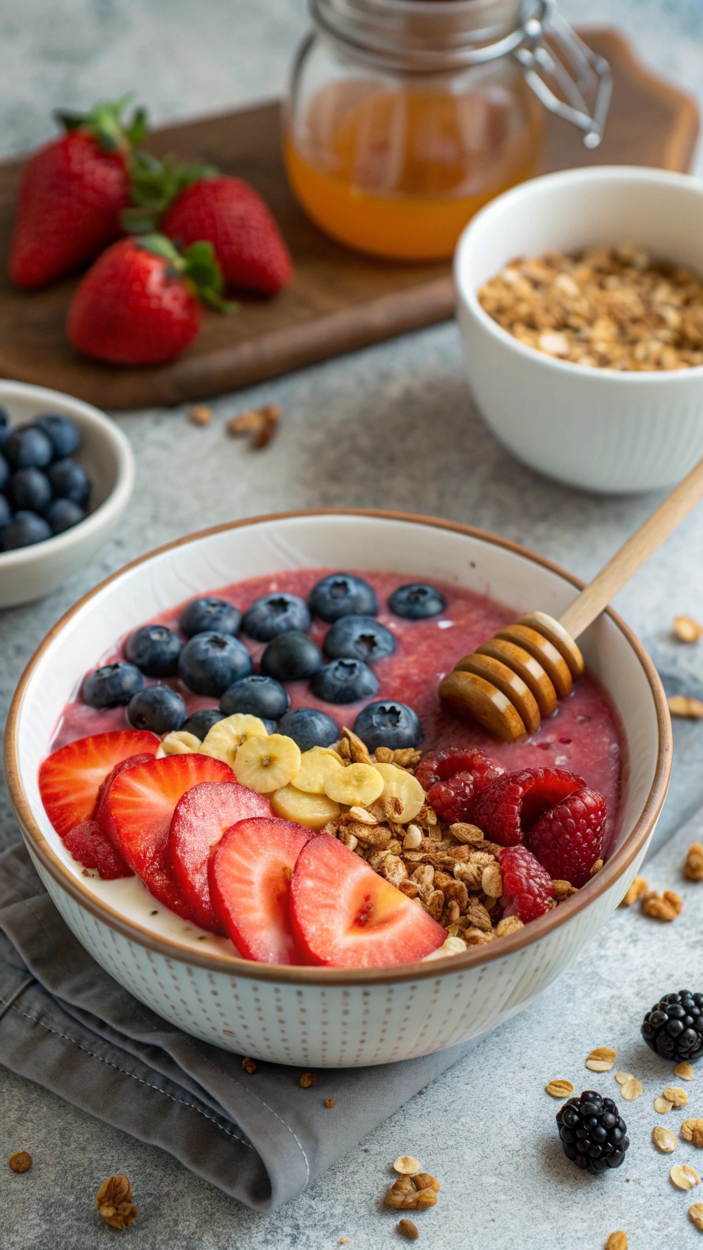 A colorful berry smoothie bowl topped with fresh fruits and granola.
