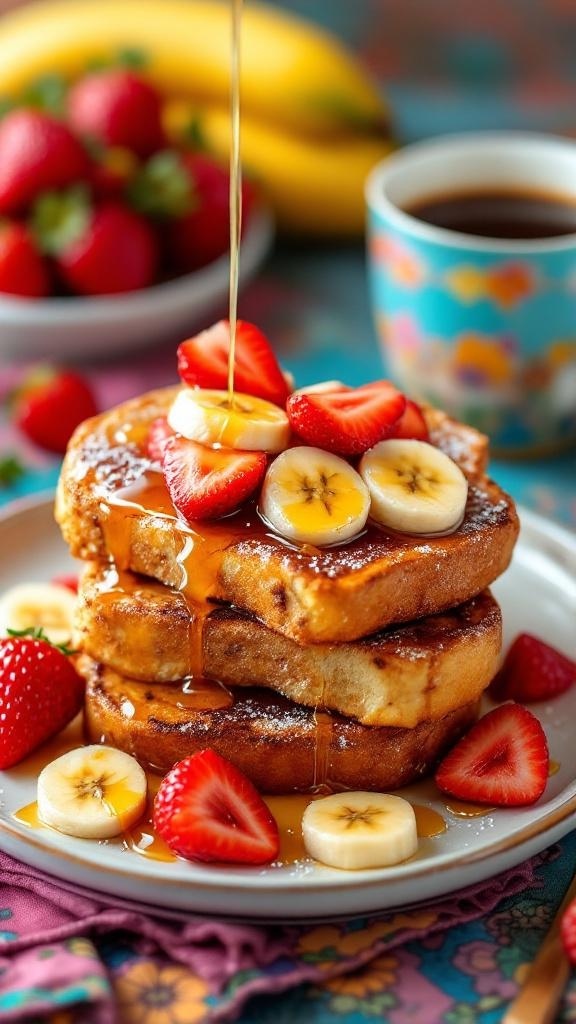 A stack of strawberry banana French toast topped with syrup, fresh strawberries, and banana slices.