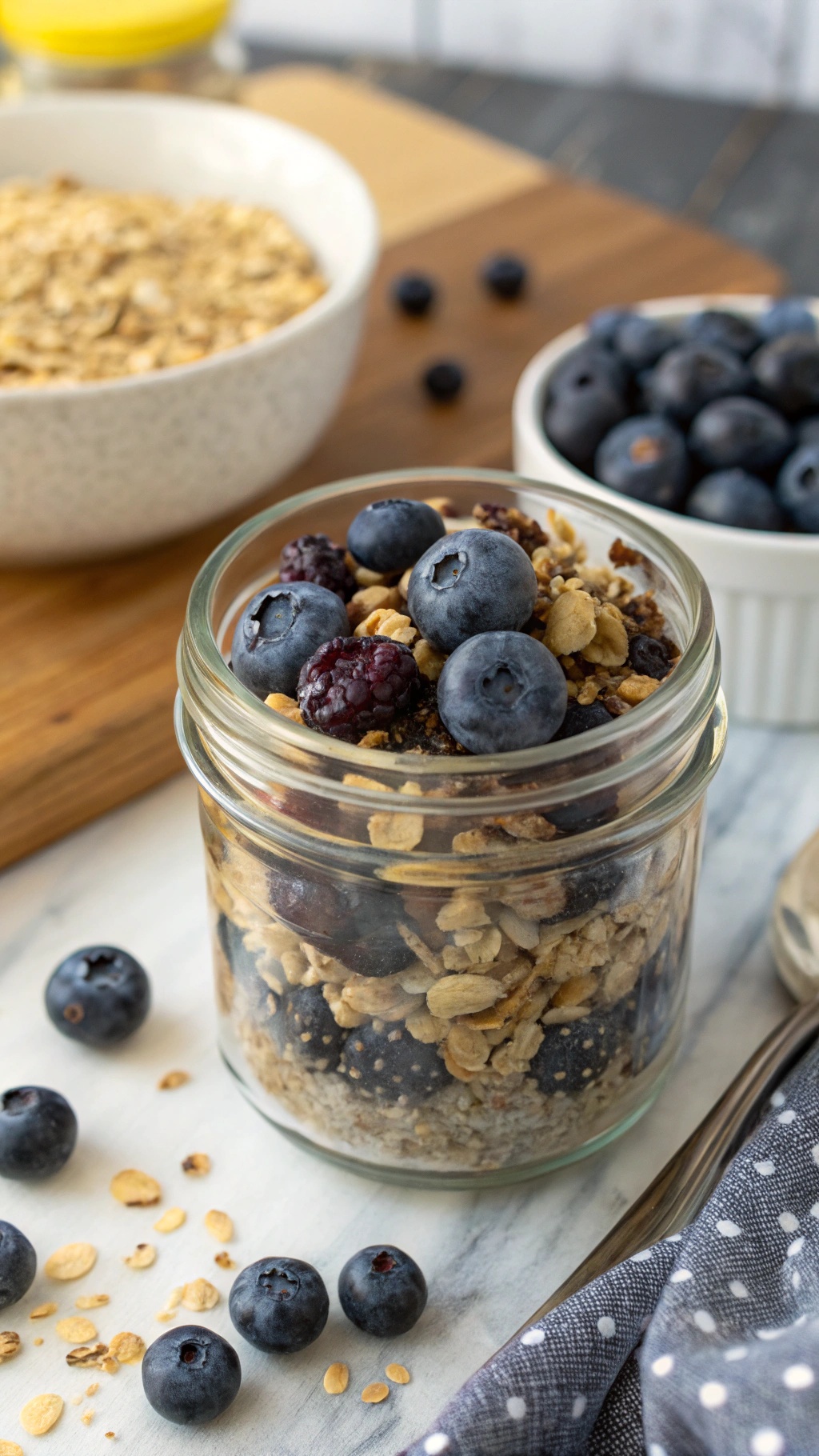 A jar of blueberry chia granola with fresh blueberries on a wooden surface.