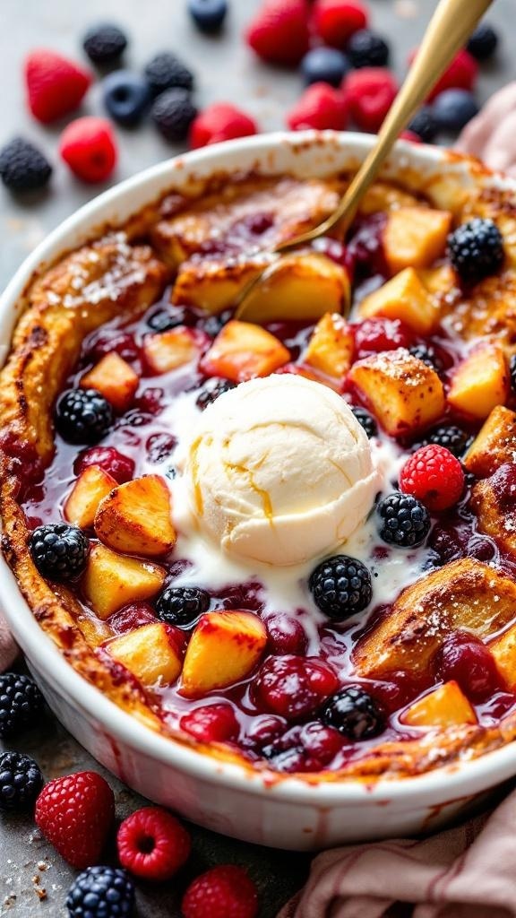 A delicious Berry Compote French Toast Bake topped with ice cream and surrounded by fresh berries.