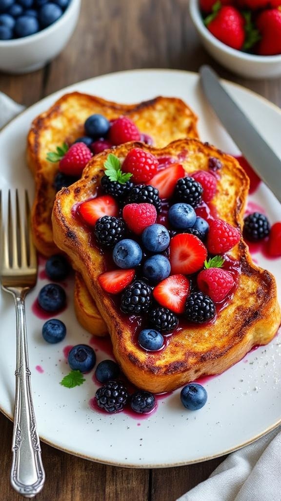 Delicious berry compote topped French toast with fresh strawberries, blueberries, and blackberries on a plate.