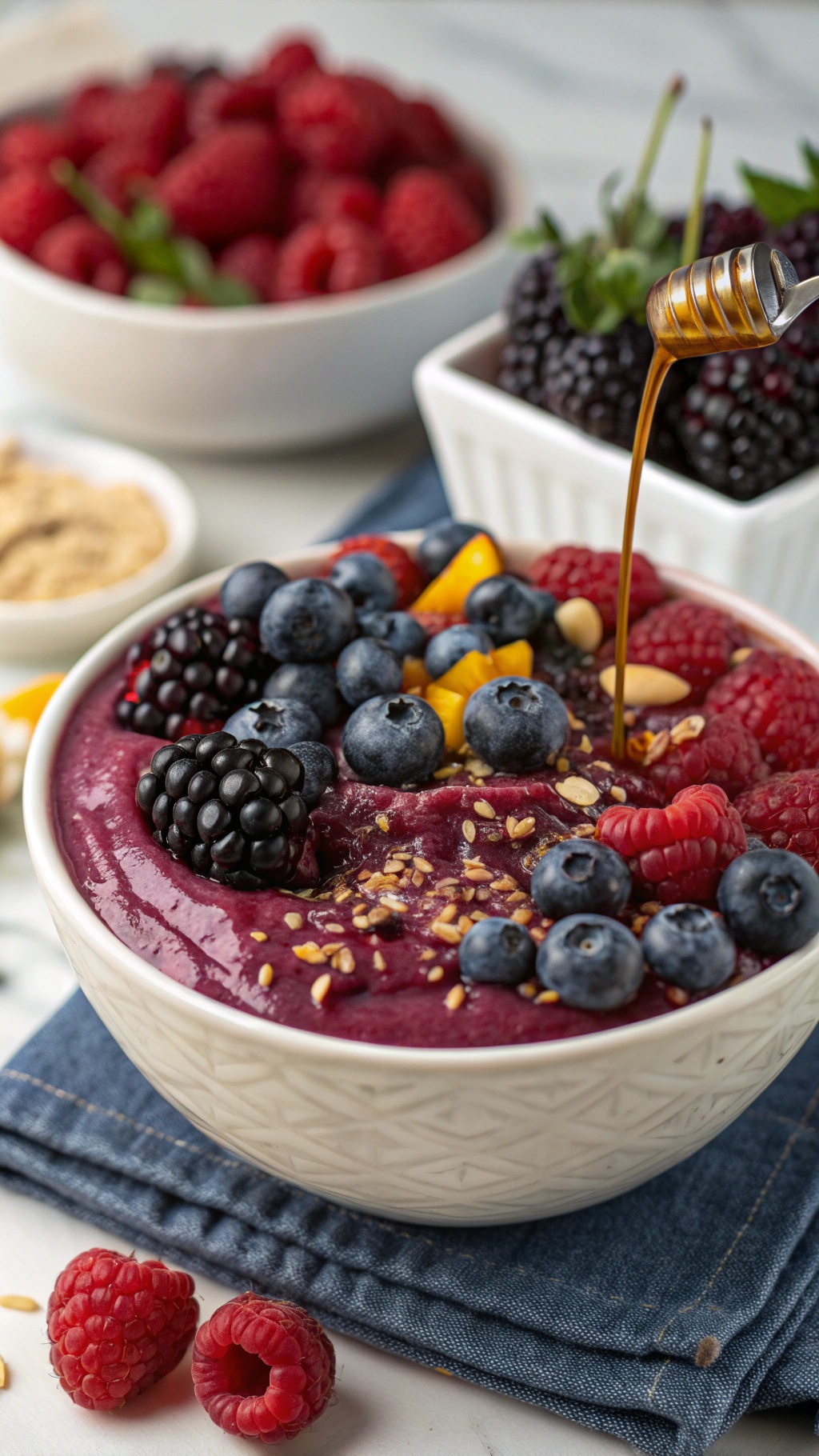 A delicious mixed berry acai bowl topped with fresh berries and honey.