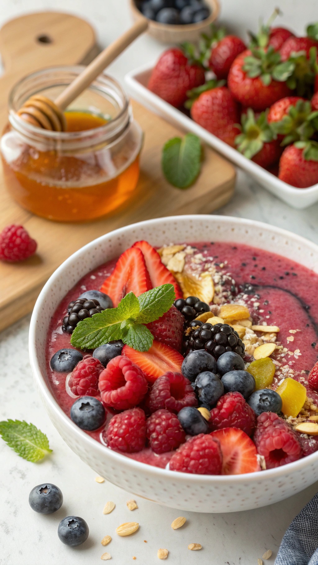 A vibrant smoothie bowl filled with mixed berries, topped with fresh strawberries, blueberries, blackberries, and raspberries, with a drizzle of honey and a sprig of mint.