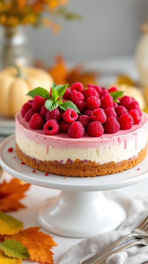 No-bake raspberry cheesecake topped with fresh raspberries and mint leaves on a white cake stand.
