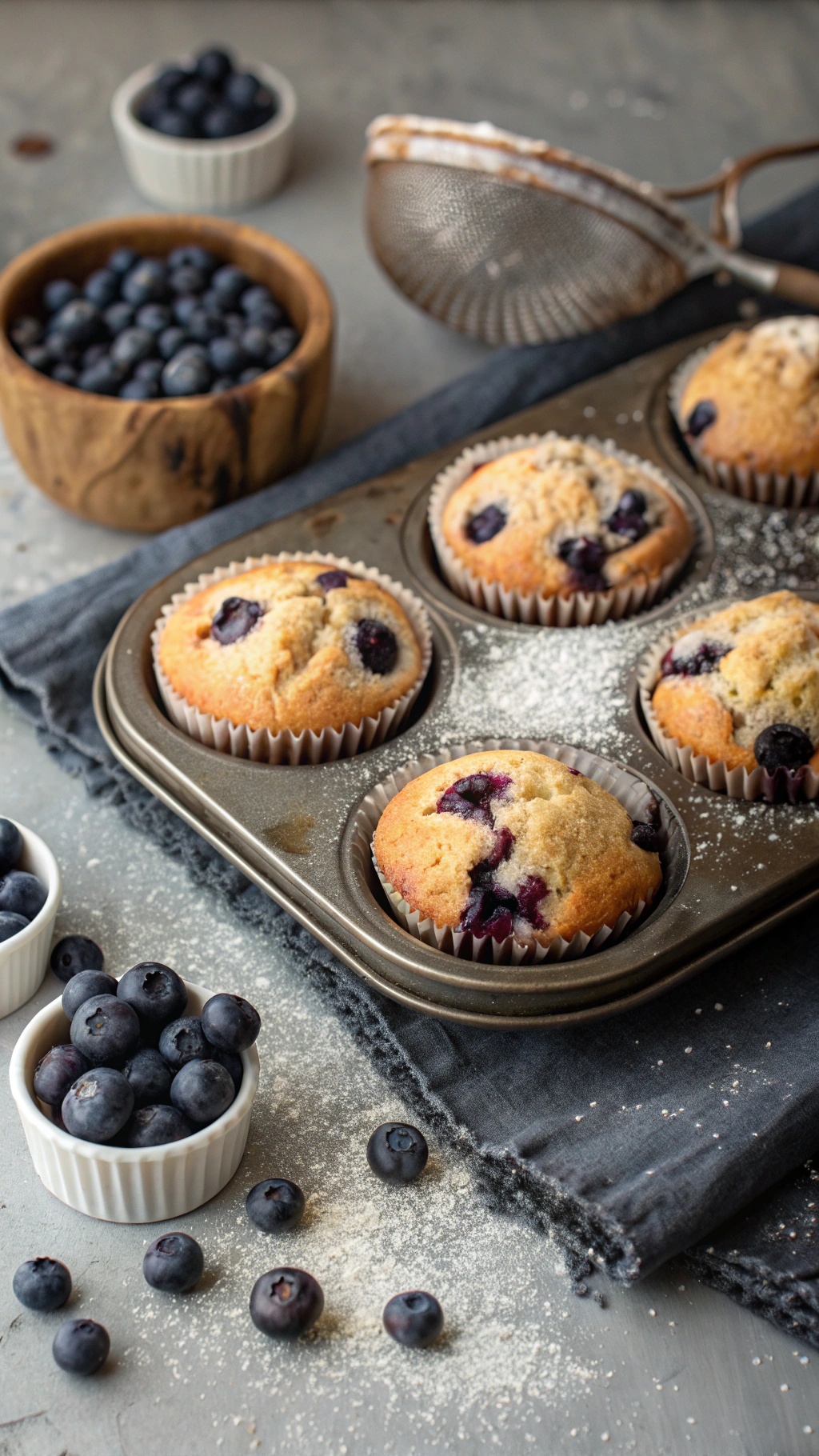 Freshly baked low-sugar blueberry muffins in a muffin tin, surrounded by bowls of blueberries.