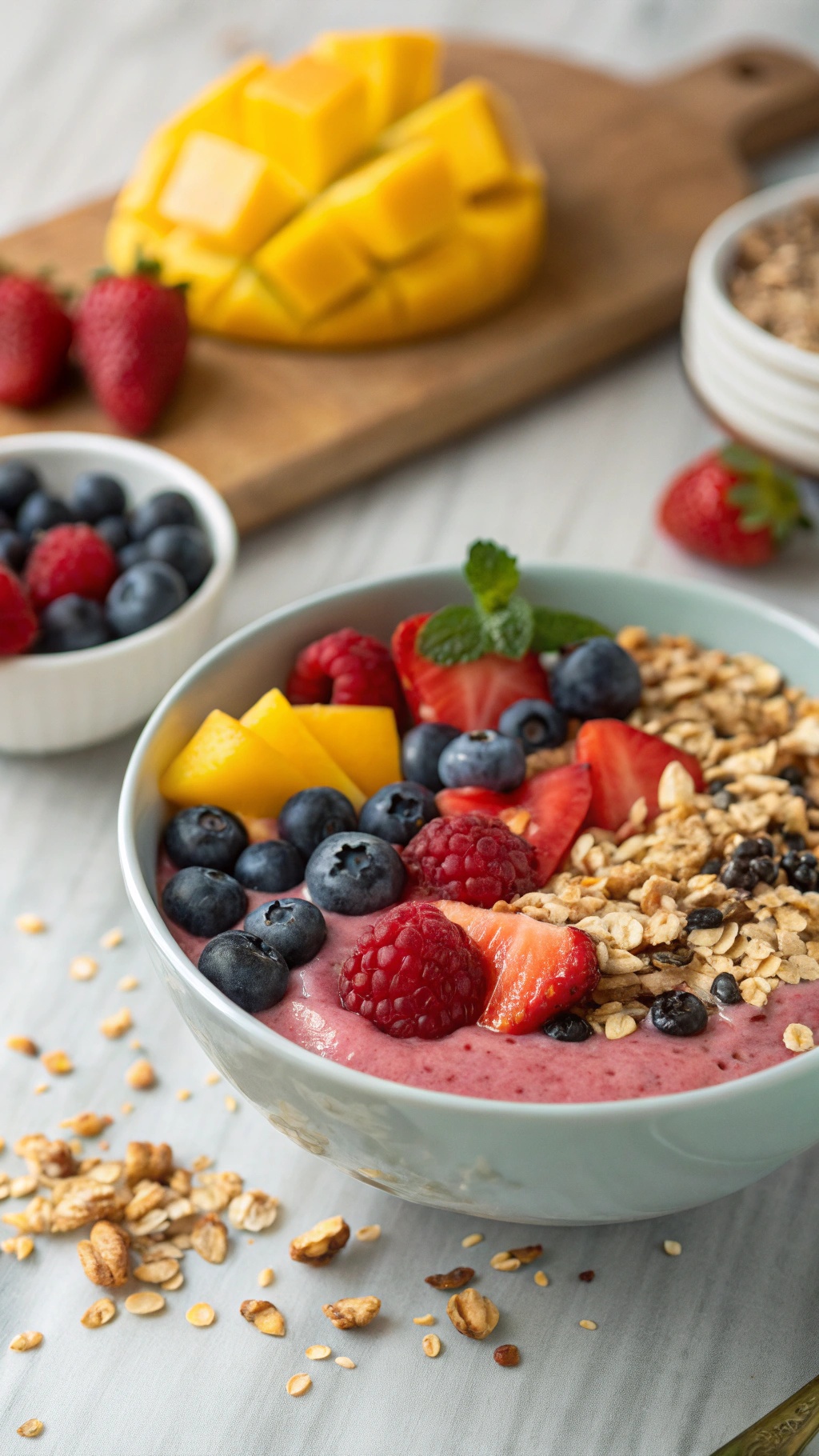 A colorful berry mango smoothie bowl topped with fresh fruits and granola.