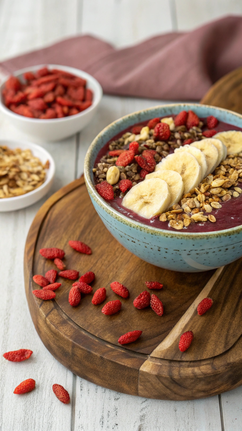 A colorful acai bowl topped with banana slices, granola, and goji berries, served in a blue bowl on a wooden surface.