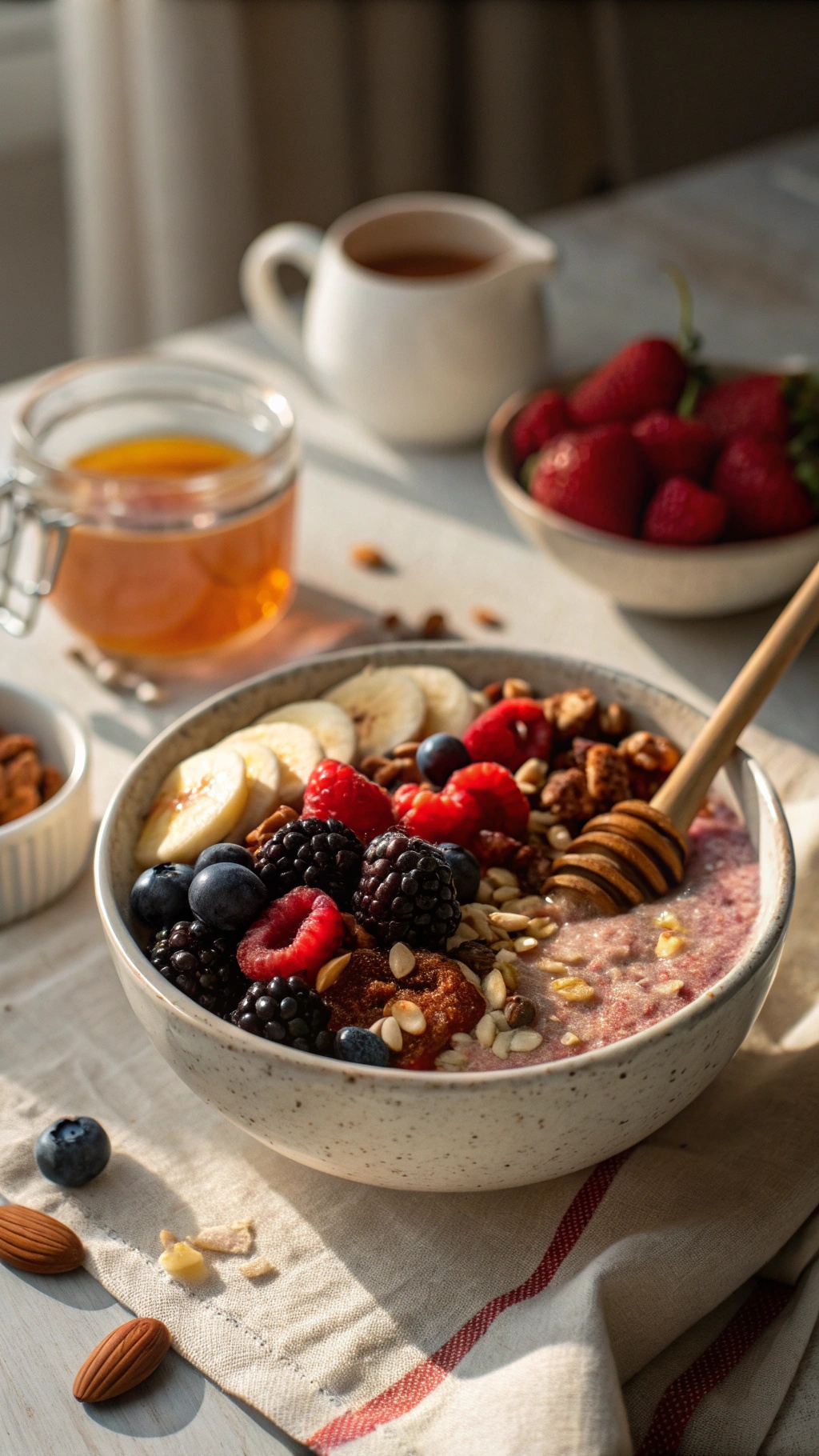 A colorful berry oatmeal smoothie bowl topped with banana slices, mixed berries, nuts, and honey.