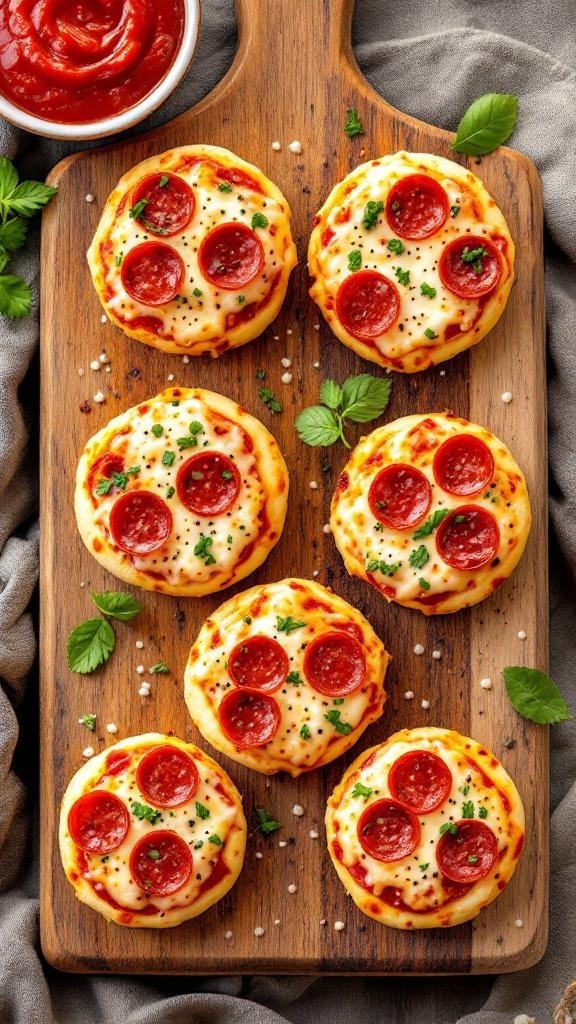 A wooden platter with bite-sized pizzas topped with pepperoni and cheese, accompanied by a bowl of pizza sauce.