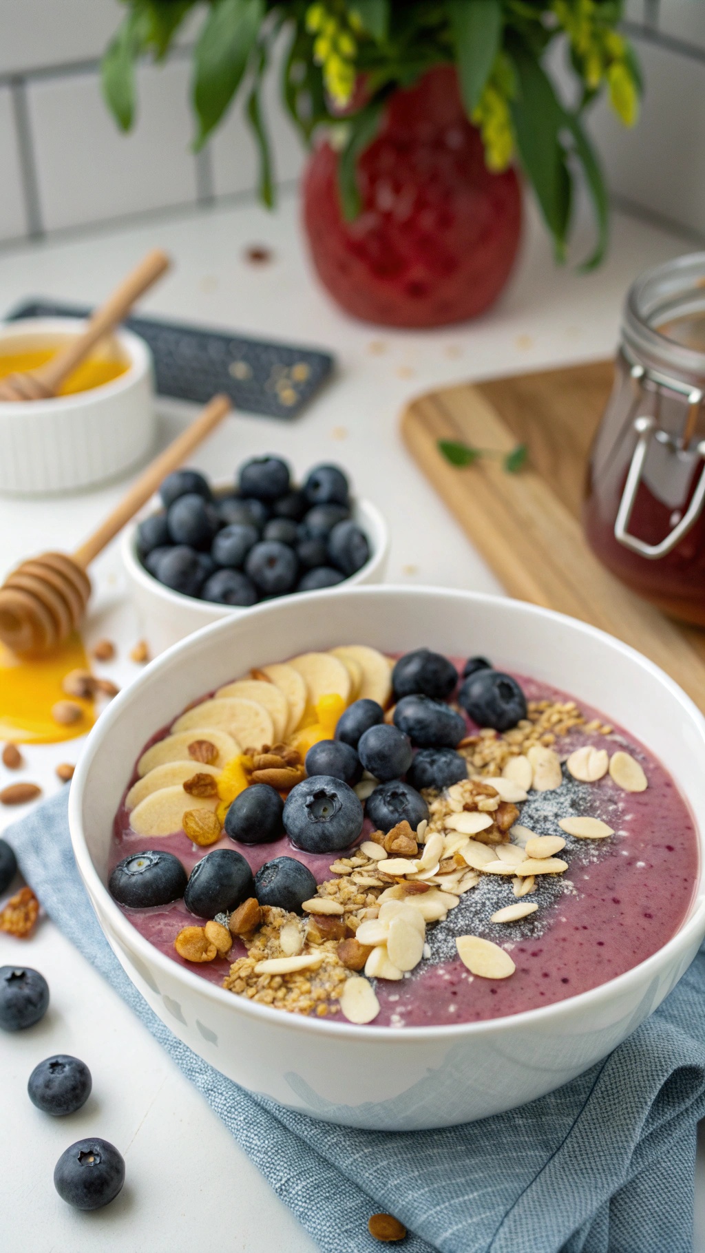 A colorful blueberry almond smoothie bowl topped with banana slices, almonds, and chia seeds.