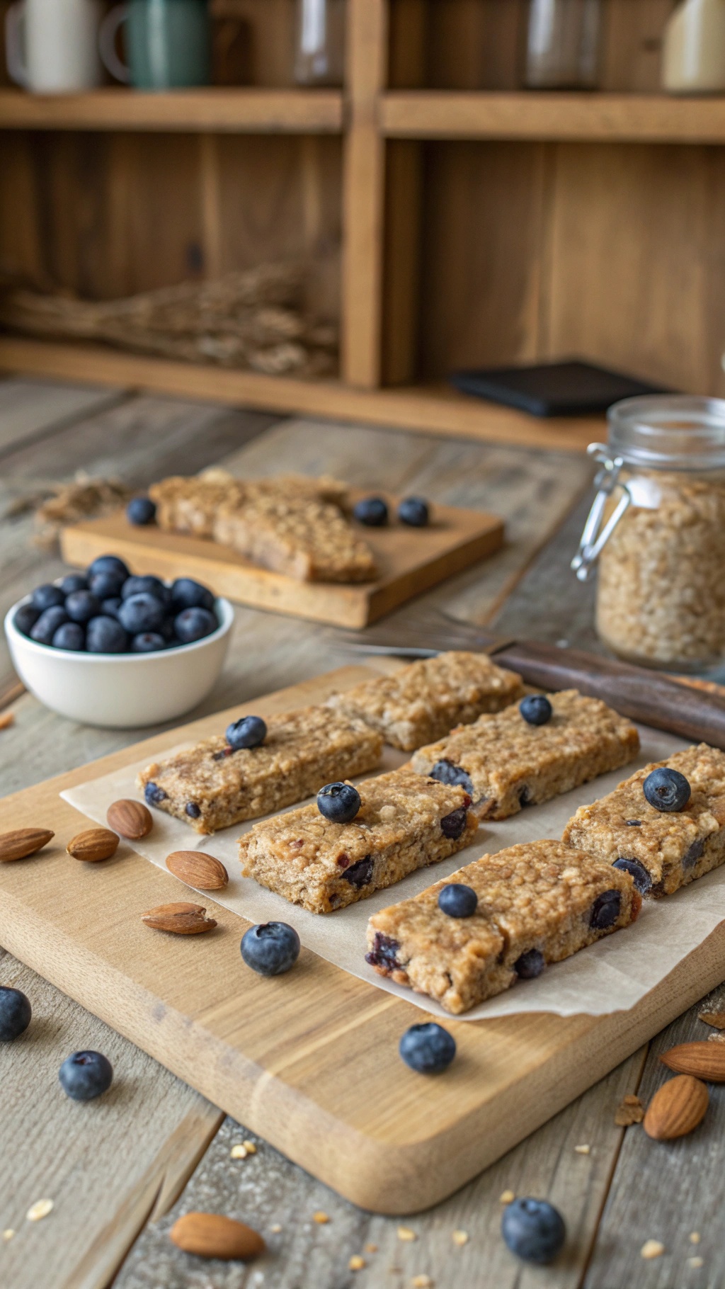 Blueberry almond protein bars on a wooden table with fresh blueberries and almonds.