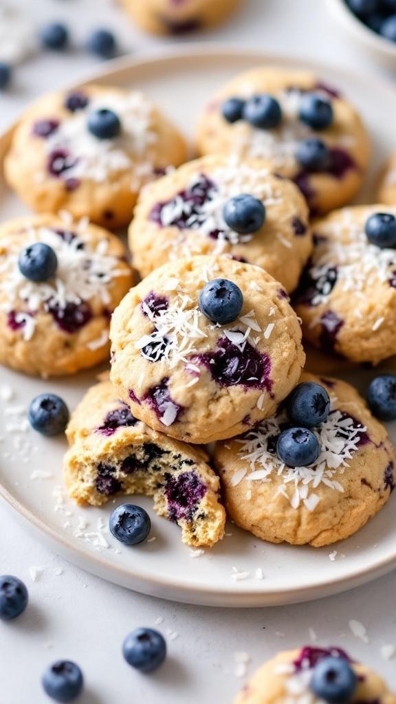 Plate of Blueberry Coconut Protein Cookies with fresh blueberries and shredded coconut