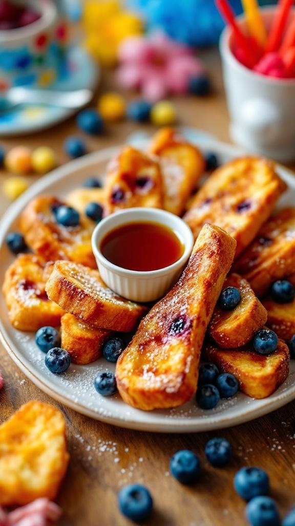 A plate of blueberry French toast sticks served with syrup and fresh blueberries.