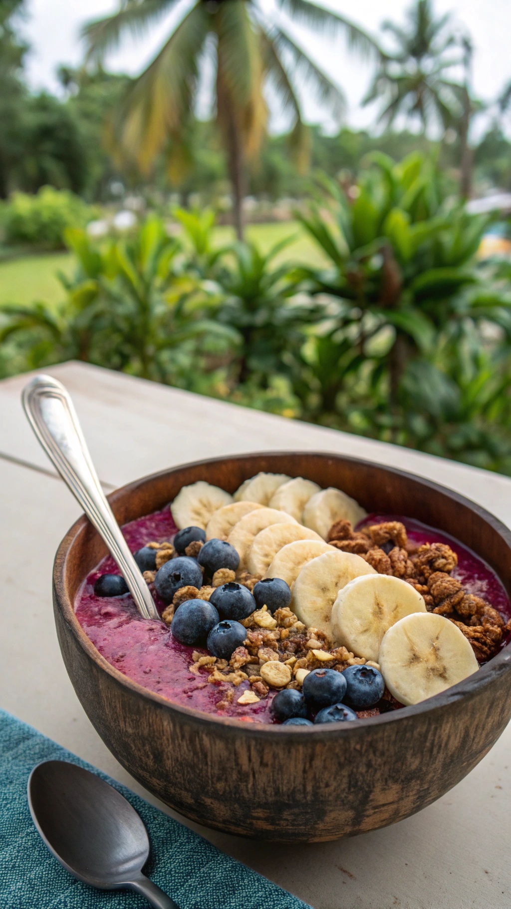 A colorful blueberry spinach smoothie bowl topped with banana slices, blueberries, and granola.
