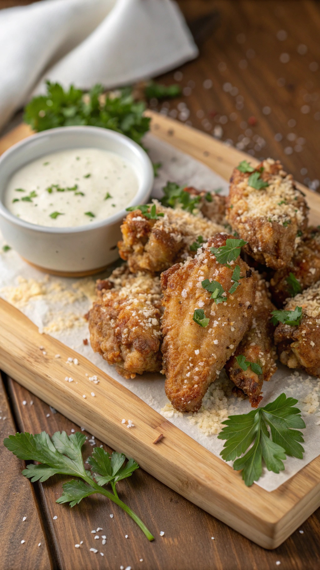 Crispy garlic parmesan chicken wings on a wooden platter with a creamy dipping sauce and fresh parsley.
