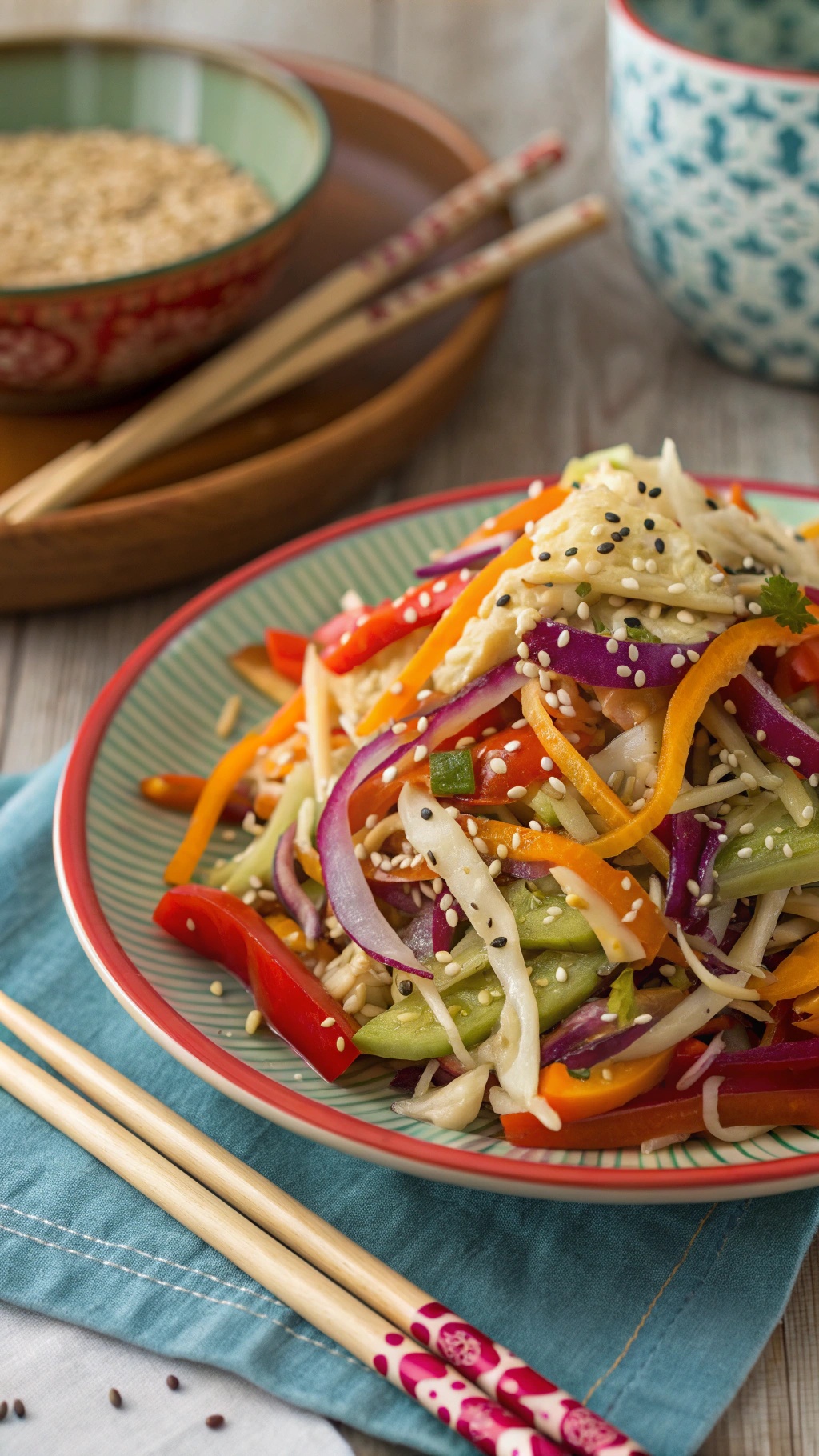 A colorful Asian slaw with various vegetables and sesame seeds on a plate