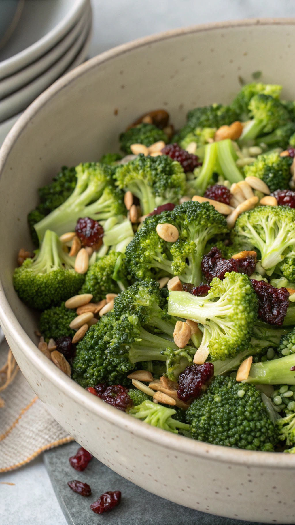 A bowl of broccoli and raisin detox salad with sunflower seeds and red onion.