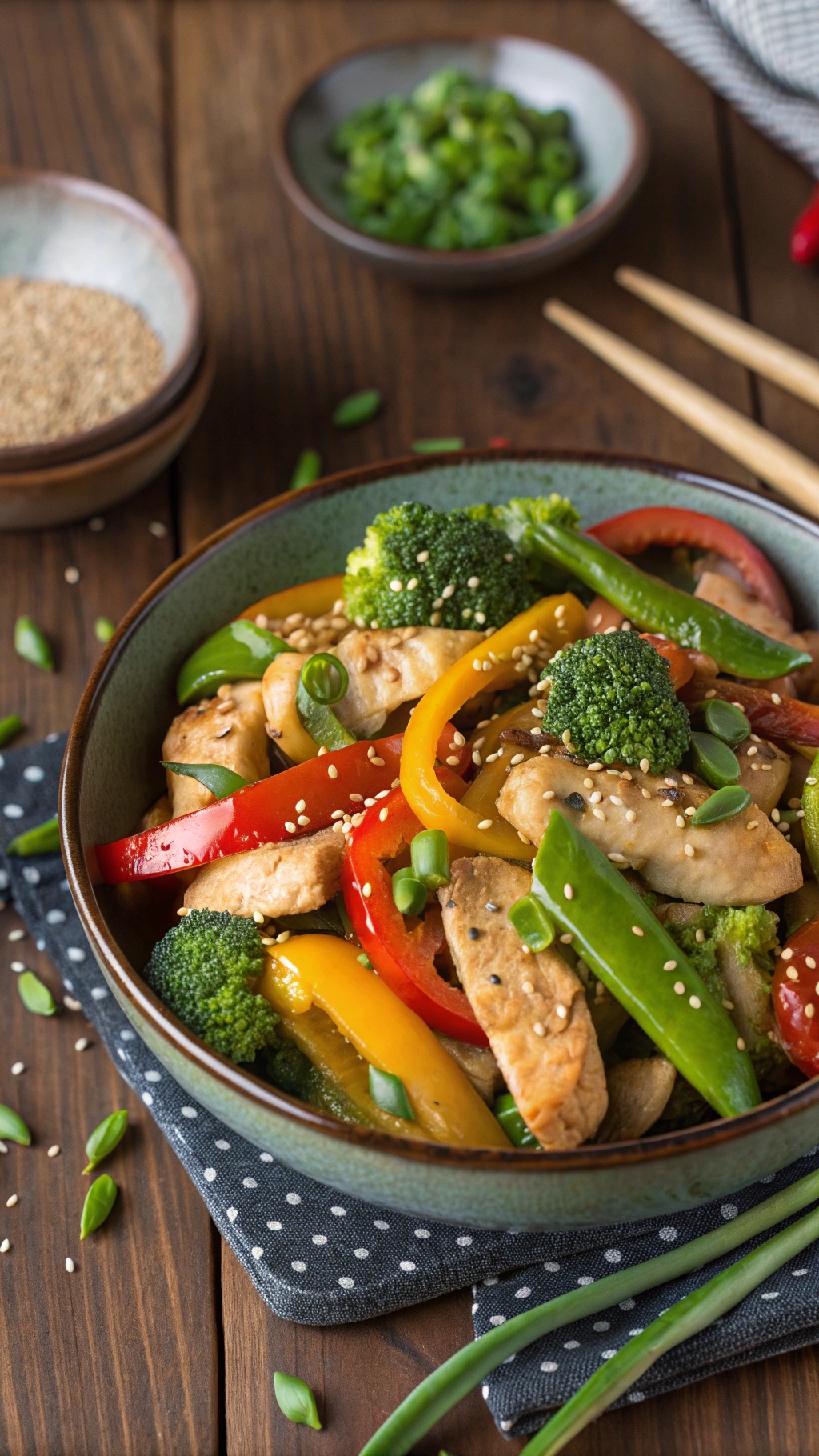 A colorful chicken stir-fry with broccoli, bell peppers, and snap peas in a bowl, garnished with sesame seeds and green onions.