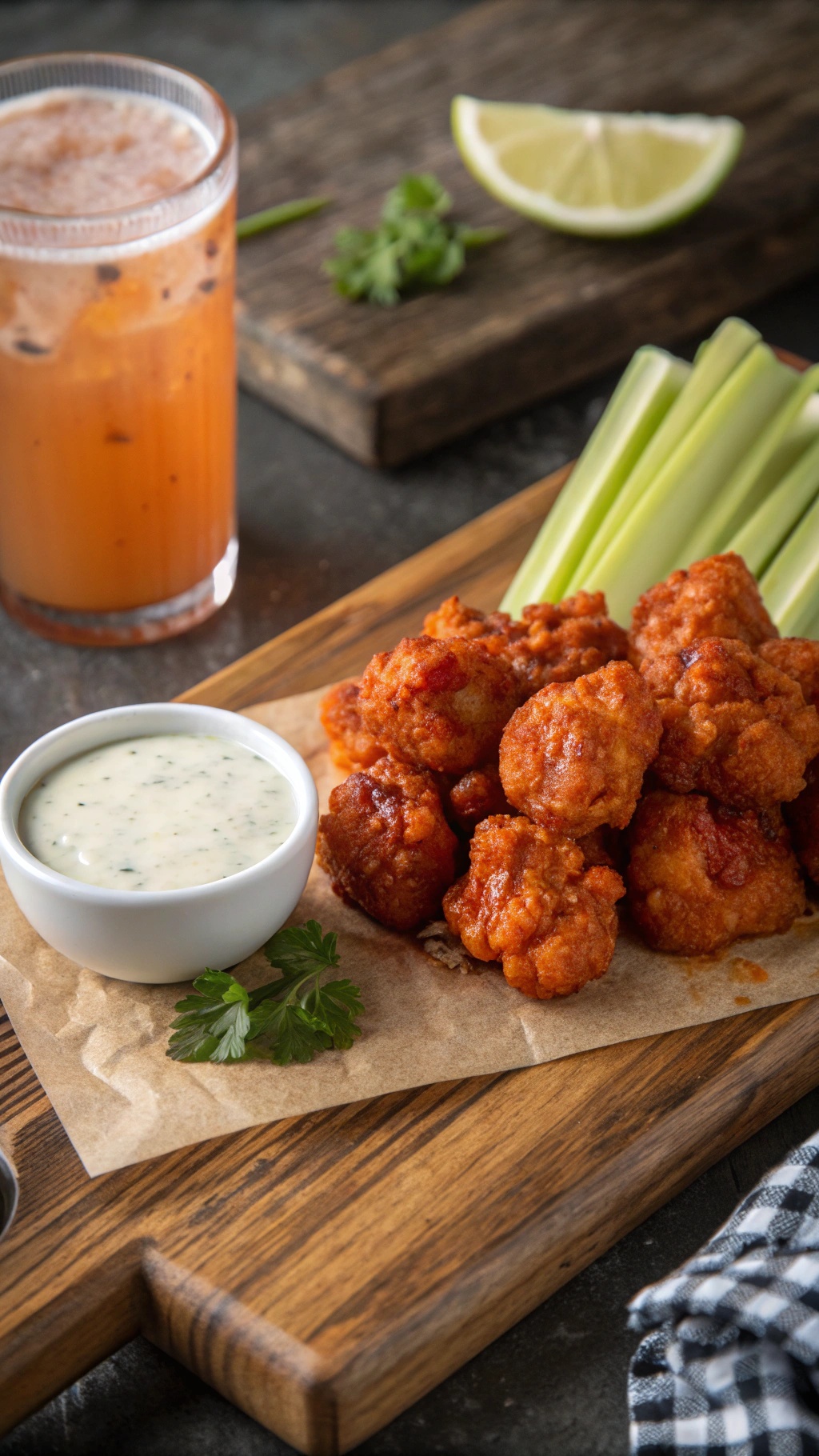 Buffalo cauliflower wings served with celery and ranch dressing
