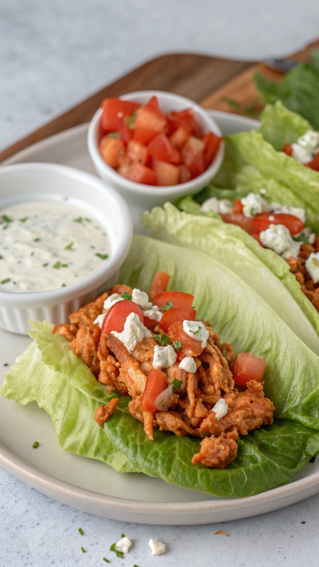 Buffalo chicken lettuce wraps with diced tomatoes and ranch dressing