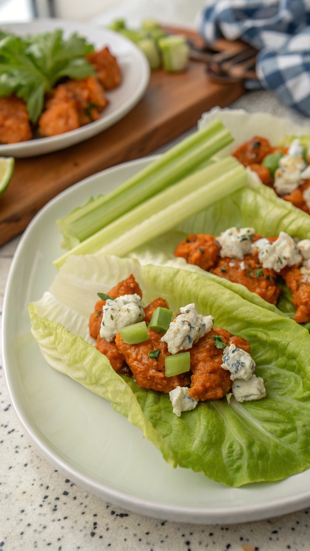 Buffalo chicken lettuce wraps with blue cheese and celery on a plate