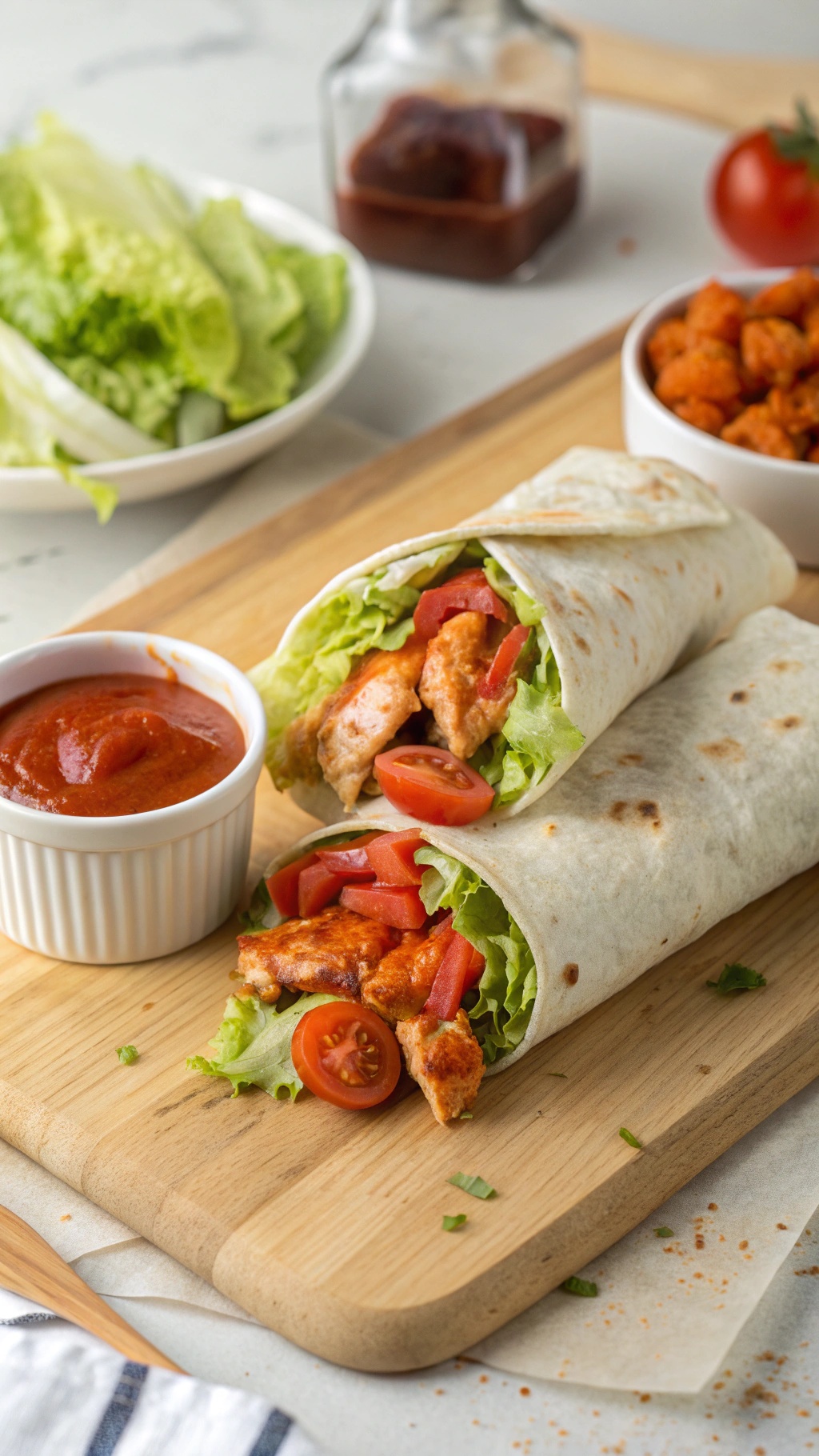 Buffalo chicken wraps with lettuce and tomatoes on a wooden board