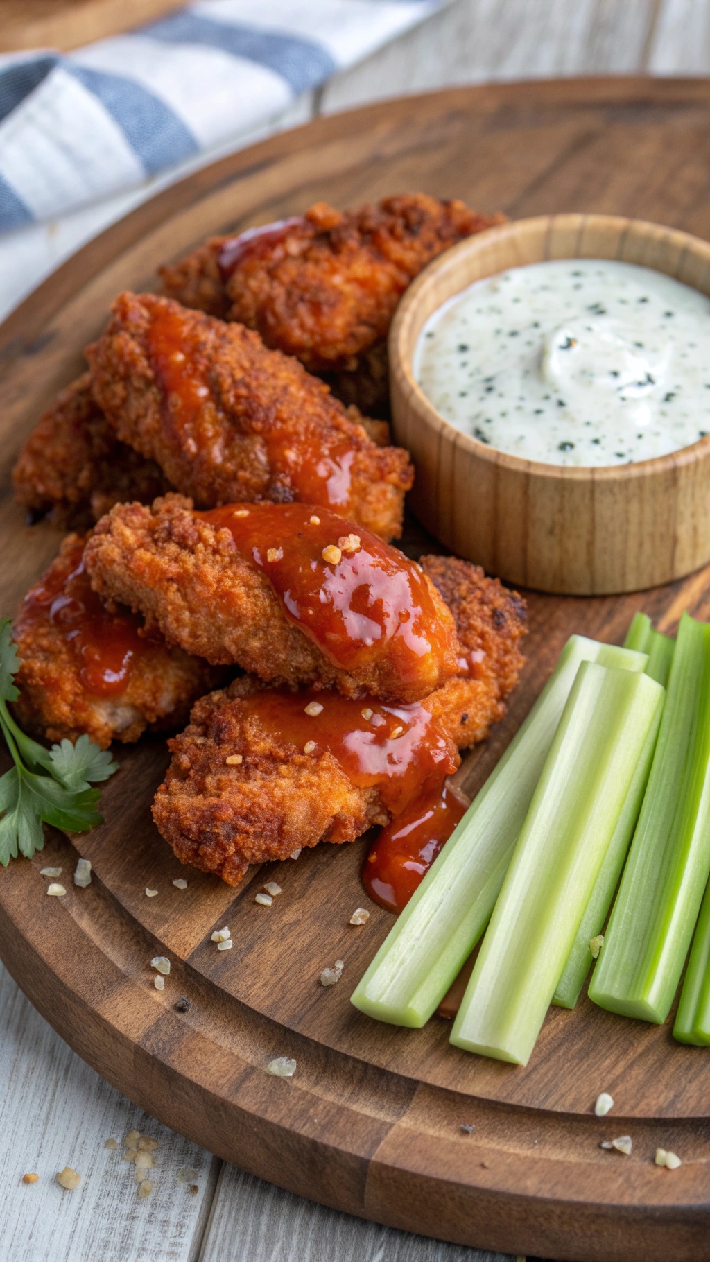 Buffalo style chicken breasts with blue cheese dressing and celery sticks