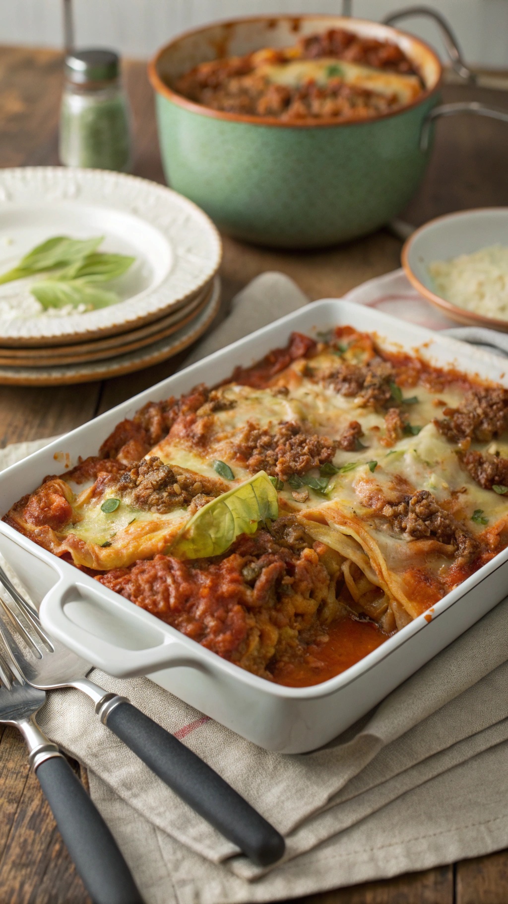 A delicious cabbage roll casserole topped with cheese and herbs, served with plates on the side.