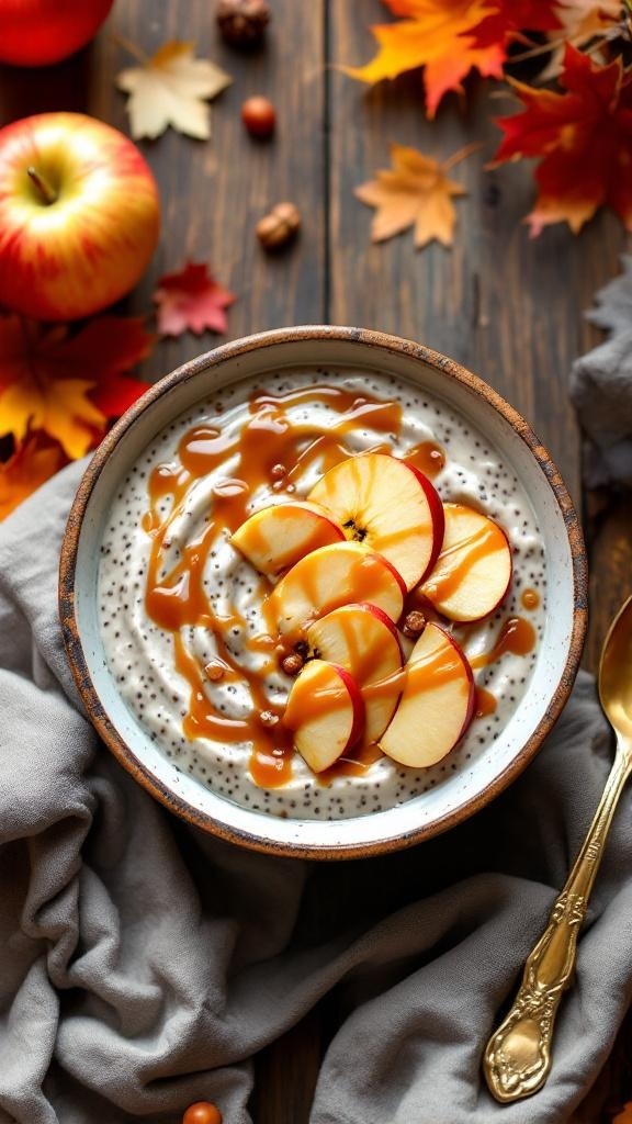 A bowl of caramel apple chia seed pudding topped with apple slices and caramel sauce, surrounded by autumn leaves and apples.
