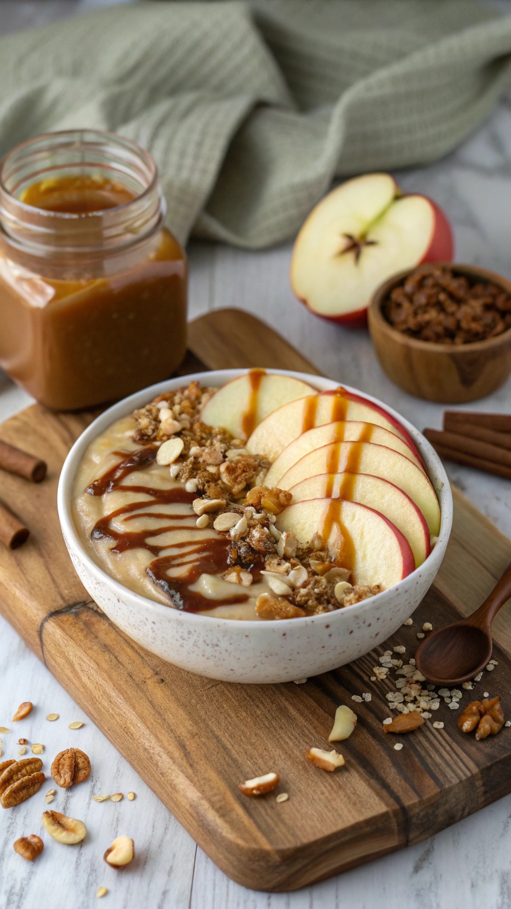 A delicious caramel apple smoothie bowl topped with apple slices, granola, and caramel sauce.