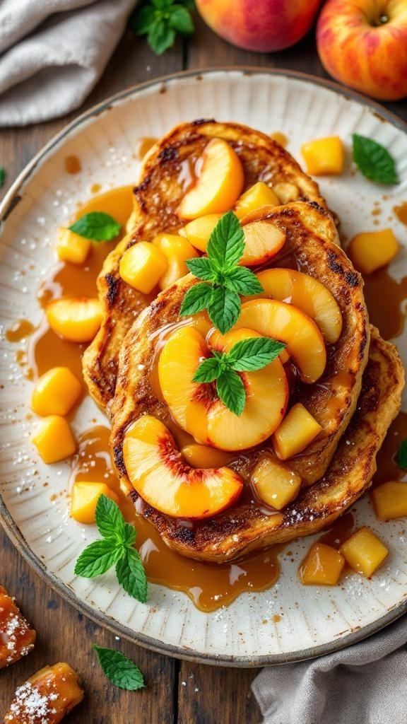Delicious caramelized peach french toast topped with mint leaves and served on a plate.