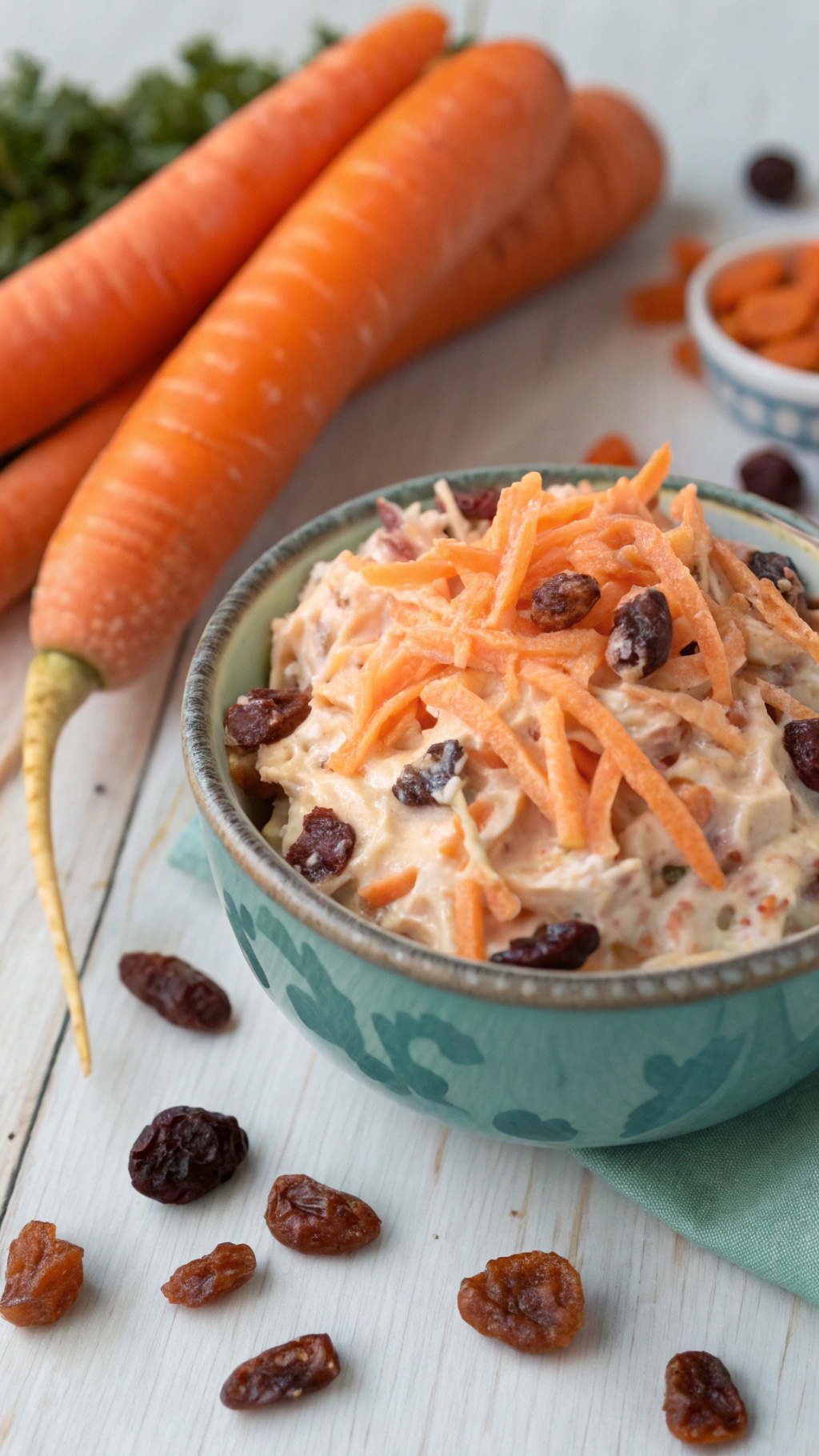 A bowl of carrot and raisin salad with grated carrots and raisins, surrounded by fresh carrots.