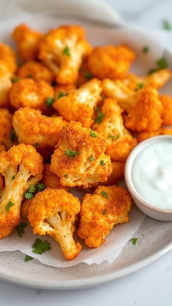 A plate of crispy cauliflower buffalo bites with a side of dipping sauce.