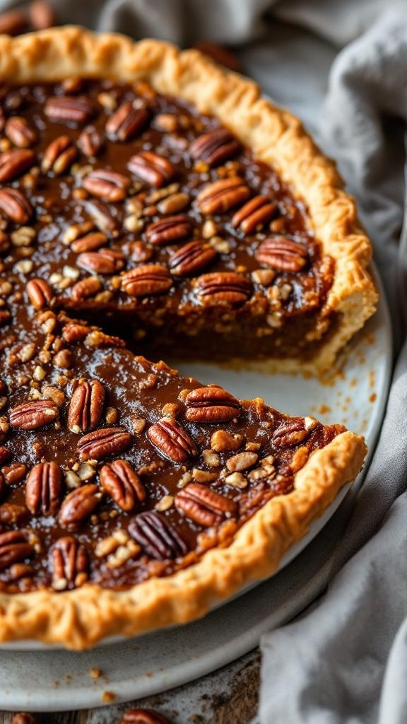 A delicious maple pecan pie with a golden crust and topped with pecans, sitting on a rustic wooden table.