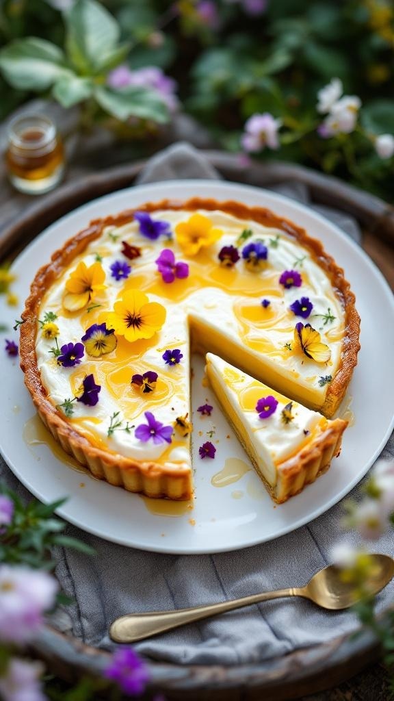 A beautifully decorated Ricotta and Honey Tart with edible flowers on top, showcasing a slice cut out.