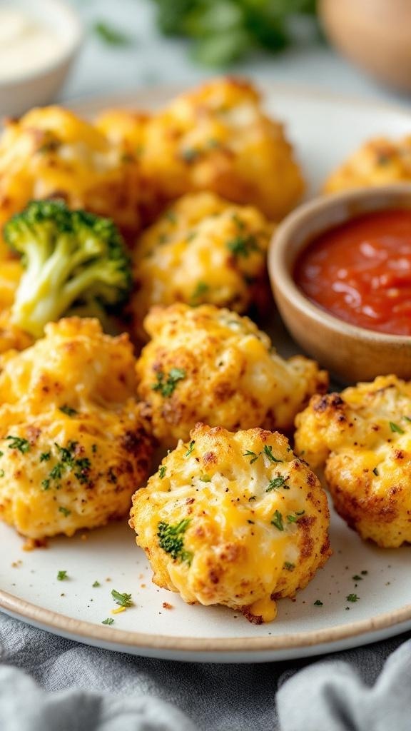 Plate of cheesy broccoli and cauliflower bites with a side of dipping sauce