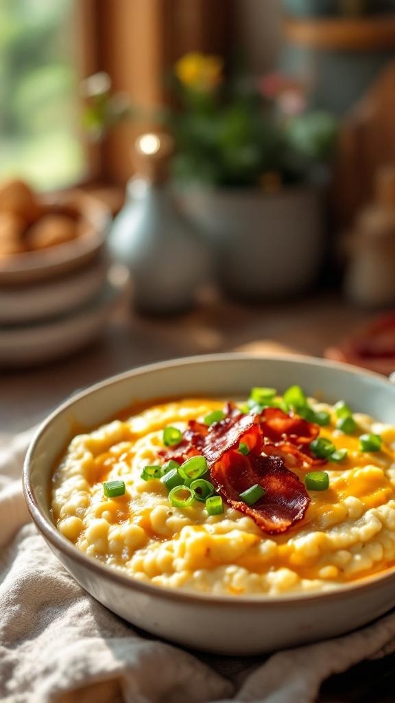 A bowl of cheesy cauliflower grits topped with bacon and green onions, set on a rustic table.