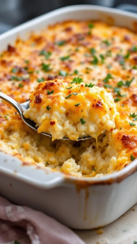 A cheesy cauliflower rice casserole with a golden top, garnished with parsley.