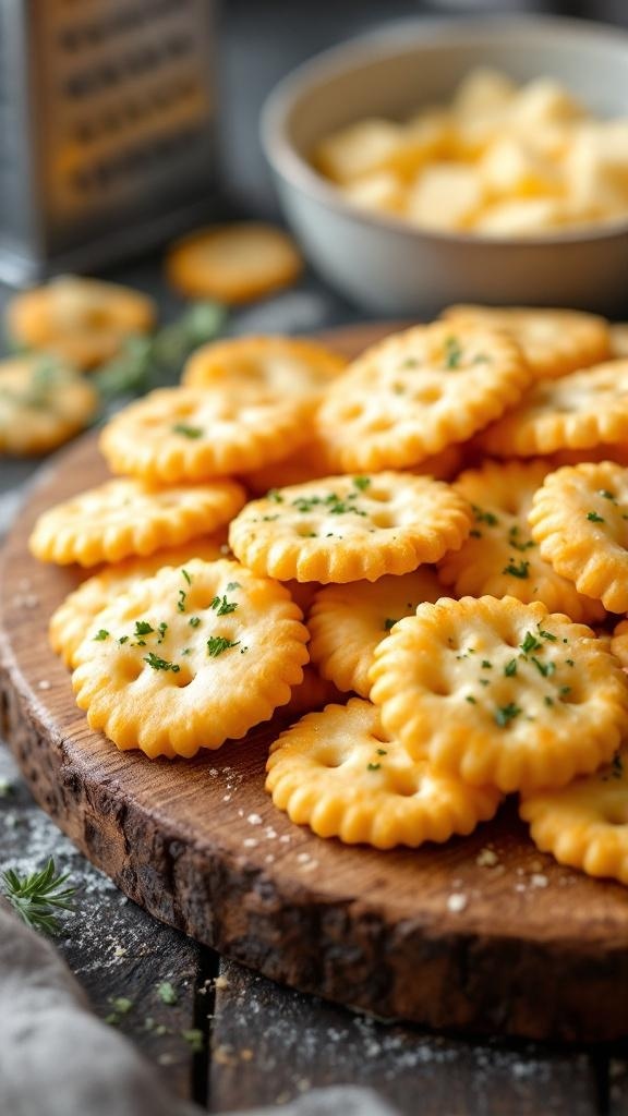 A plate of homemade cheese crackers on a wooden board, garnished with herbs.