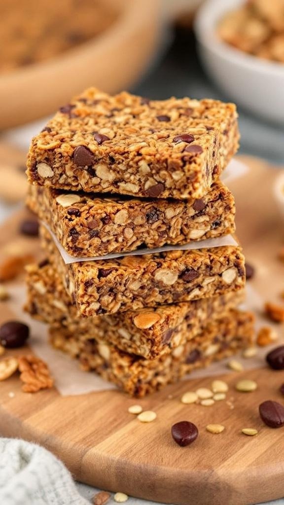 Chewy keto granola bars stacked on a wooden surface with nuts and chocolate chips scattered around.