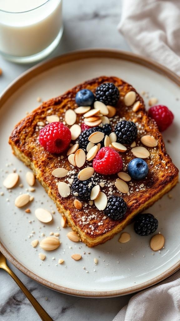 Chia Seed and Almond Milk French Toast topped with berries and almonds
